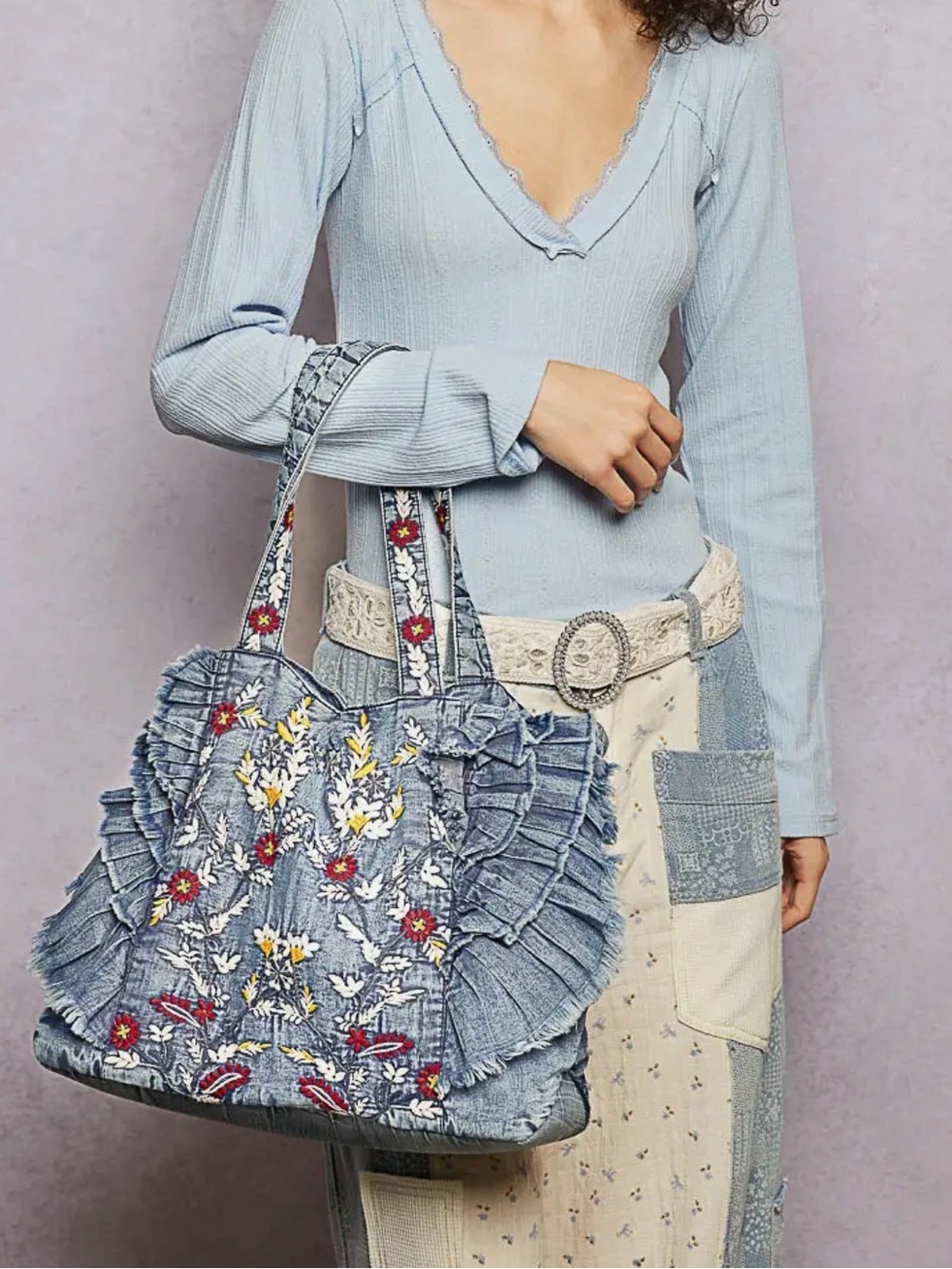 POL denim ruffle Kantha quilted patchwork cotton embroidered Large boho tote bag